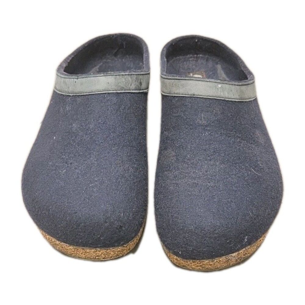 HAFLINGER GZL GRIZZLY WOOL FELT CLOGS Men's 44 / 11 SLIPPERS Blue Leather Trim